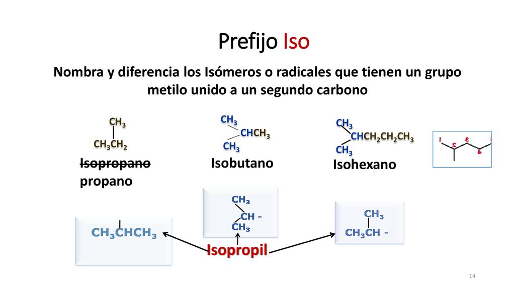 Prefijo Iso Nombra y diferencia los Isómeros o radicales que tienen un grupo metilo unido a un segundo carbono.