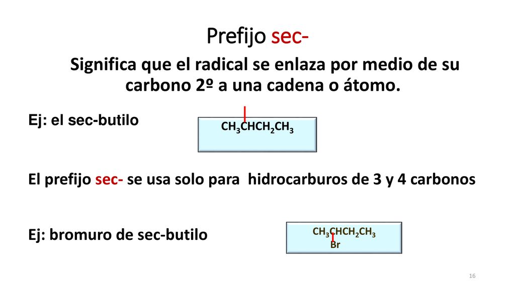 Prefijo sec- Significa que el radical se enlaza por medio de su carbono 2º a una cadena o átomo. Ej: el sec-butilo.
