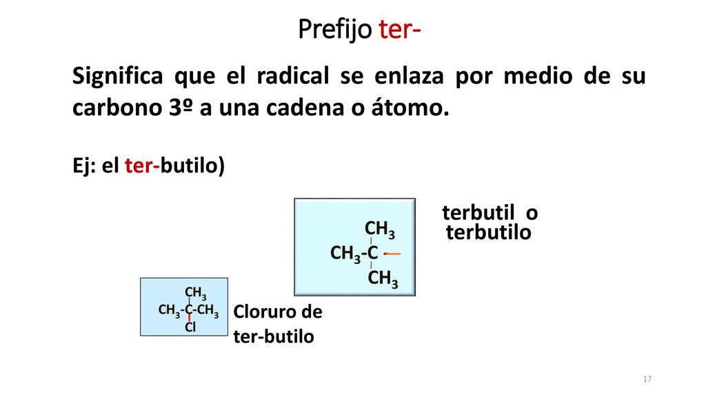 Prefijo ter- Significa que el radical se enlaza por medio de su carbono 3º a una cadena o átomo. Ej: el ter-butilo)