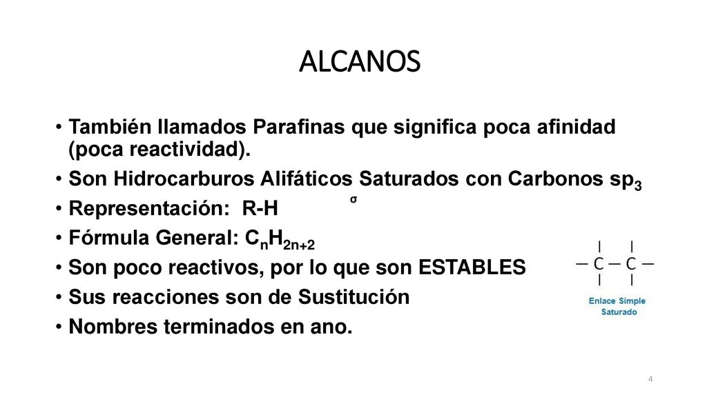 ALCANOS También llamados Parafinas que significa poca afinidad (poca reactividad). Son Hidrocarburos Alifáticos Saturados con Carbonos sp3.