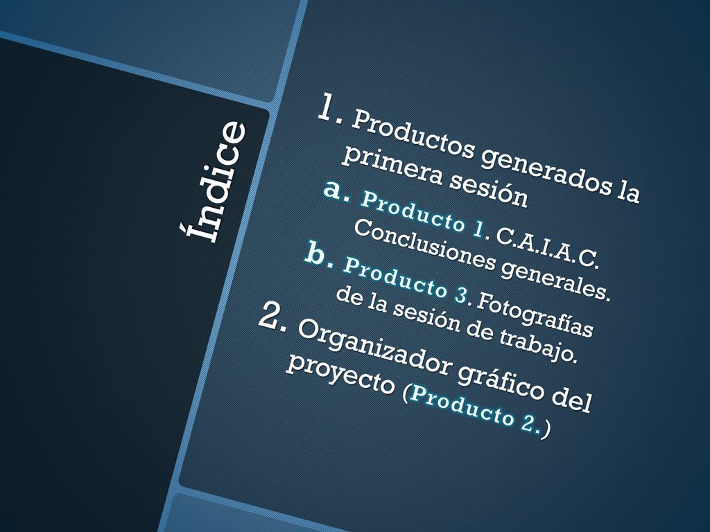 Índice Productos generados la primera sesión
