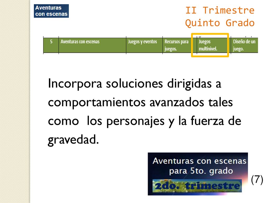 II Trimestre Quinto Grado. Incorpora soluciones dirigidas a comportamientos avanzados tales como los personajes y la fuerza de gravedad.
