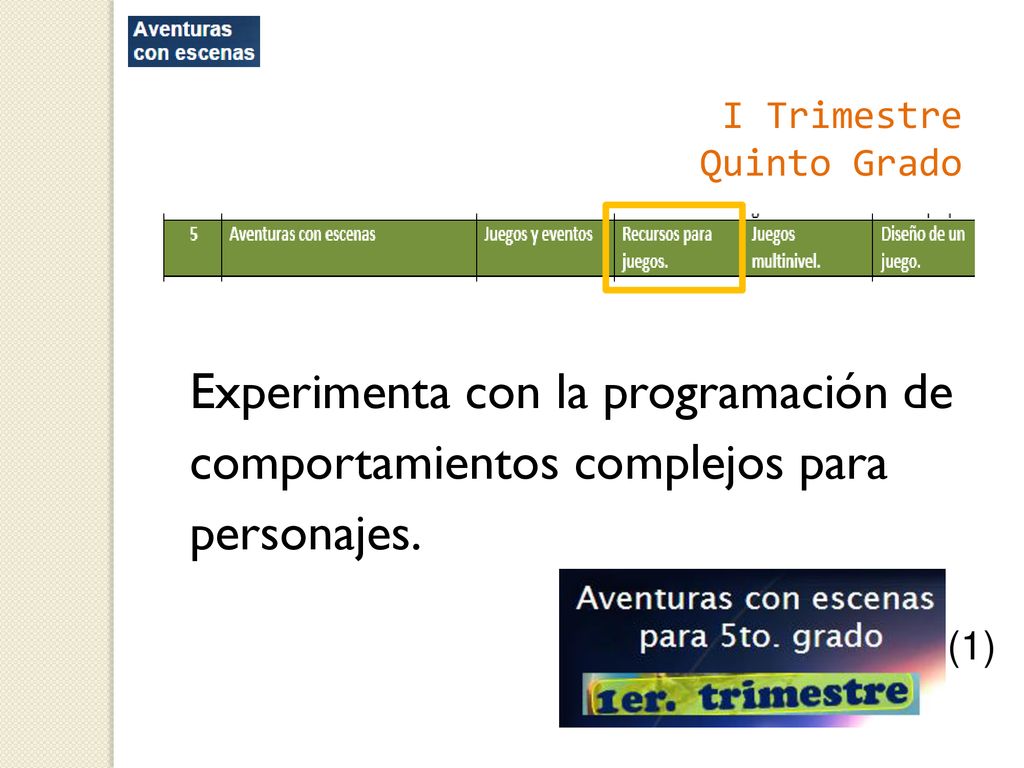 I Trimestre Quinto Grado. Experimenta con la programación de comportamientos complejos para personajes.