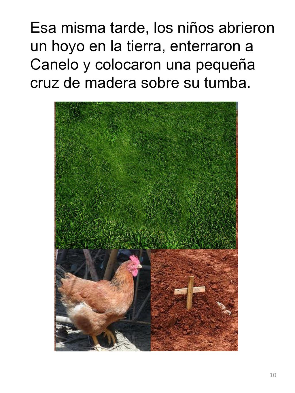 Esa misma tarde, los niños abrieron un hoyo en la tierra, enterraron a Canelo y colocaron una pequeña cruz de madera sobre su tumba.