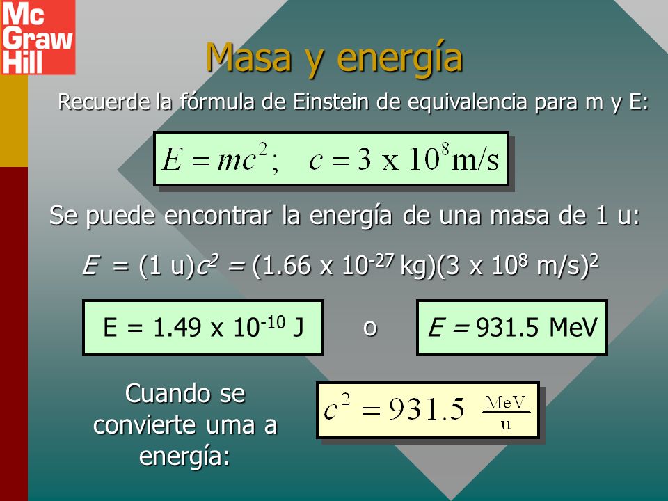 Masa y energía Se puede encontrar la energía de una masa de 1 u: