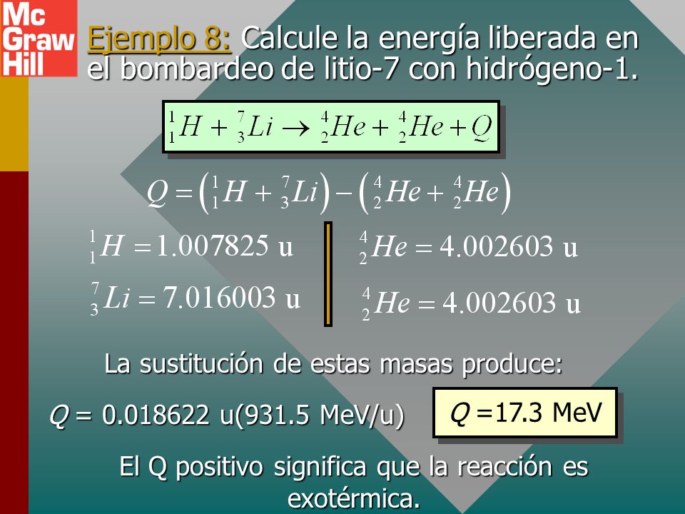 Ejemplo 8: Calcule la energía liberada en el bombardeo de litio-7 con hidrógeno-1.