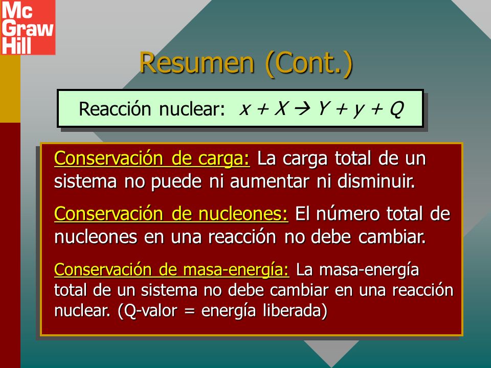 Resumen (Cont.) Reacción nuclear: x + X  Y + y + Q