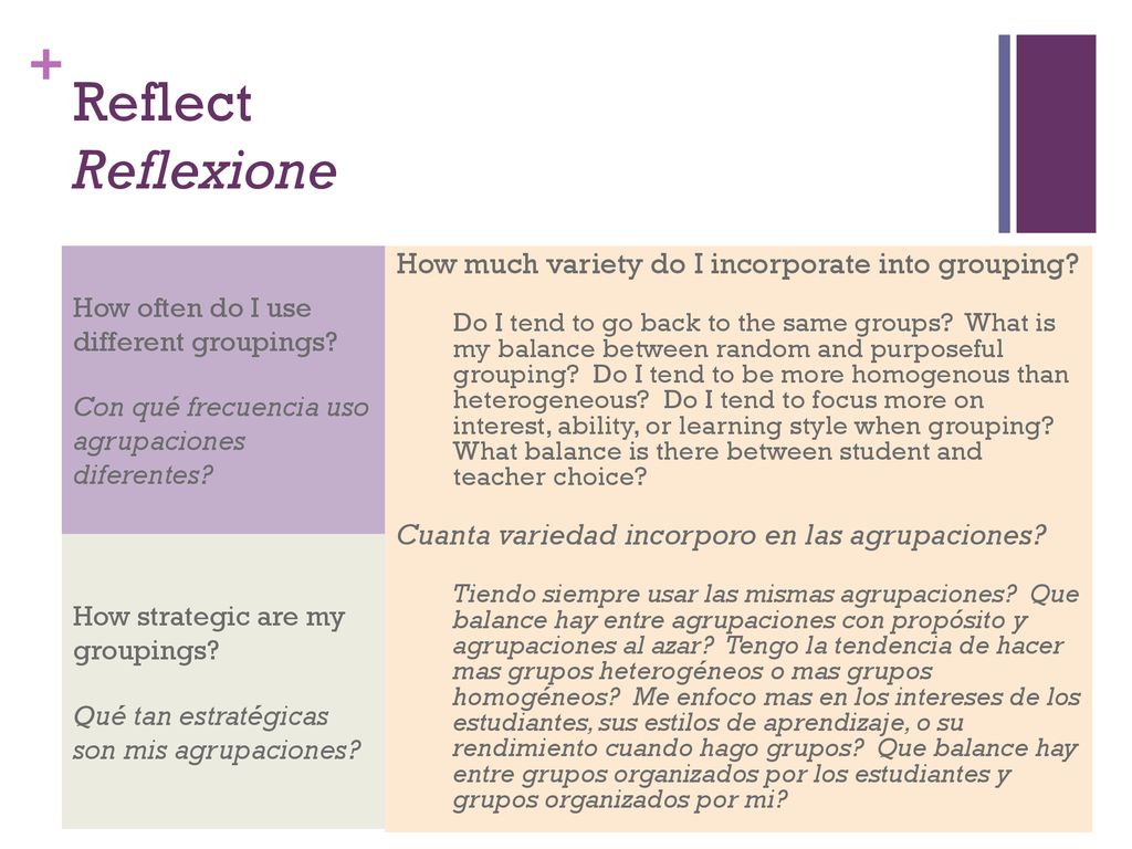 Reflect Reflexione How much variety do I incorporate into grouping