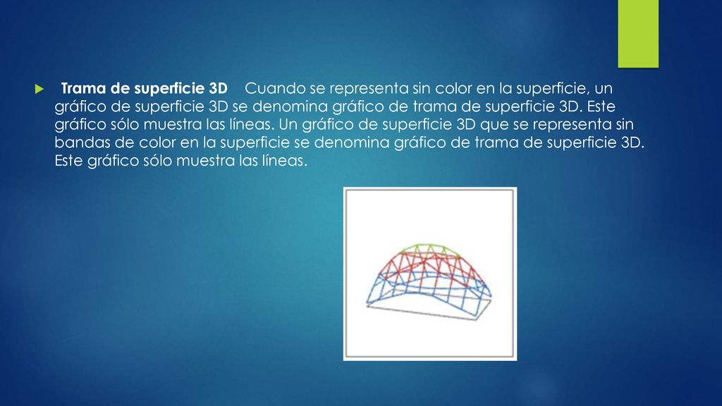 Trama de superficie 3D Cuando se representa sin color en la superficie, un gráfico de superficie 3D se denomina gráfico de trama de superficie 3D.