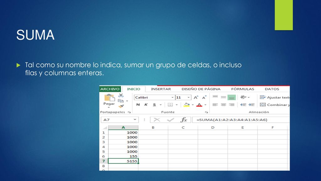 SUMA Tal como su nombre lo indica, sumar un grupo de celdas, o incluso filas y columnas enteras.
