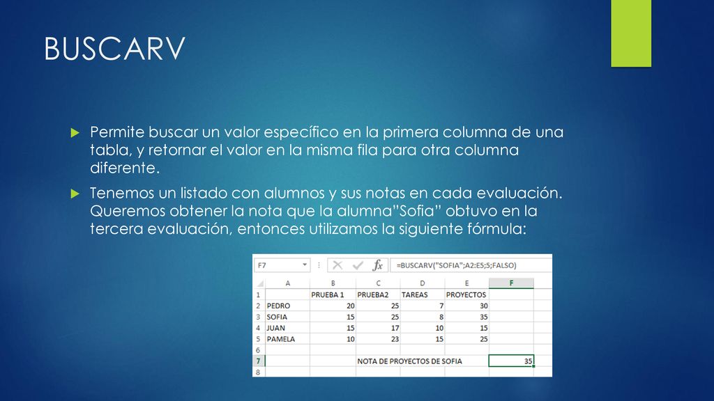 BUSCARV Permite buscar un valor específico en la primera columna de una tabla, y retornar el valor en la misma fila para otra columna diferente.