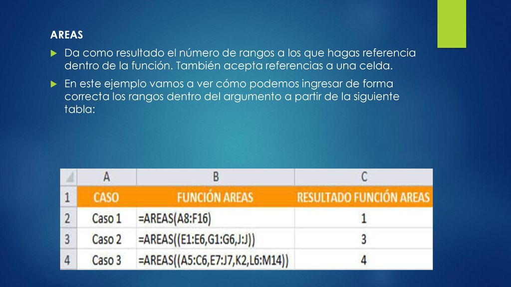 AREAS Da como resultado el número de rangos a los que hagas referencia dentro de la función. También acepta referencias a una celda.