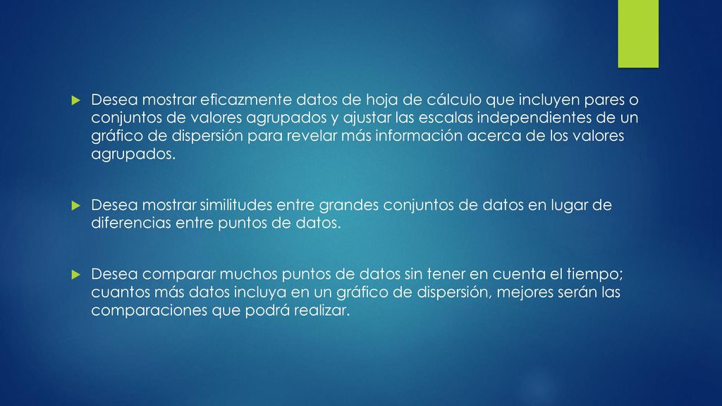 Desea mostrar eficazmente datos de hoja de cálculo que incluyen pares o conjuntos de valores agrupados y ajustar las escalas independientes de un gráfico de dispersión para revelar más información acerca de los valores agrupados.