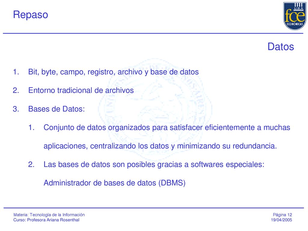 Datos Bit, byte, campo, registro, archivo y base de datos
