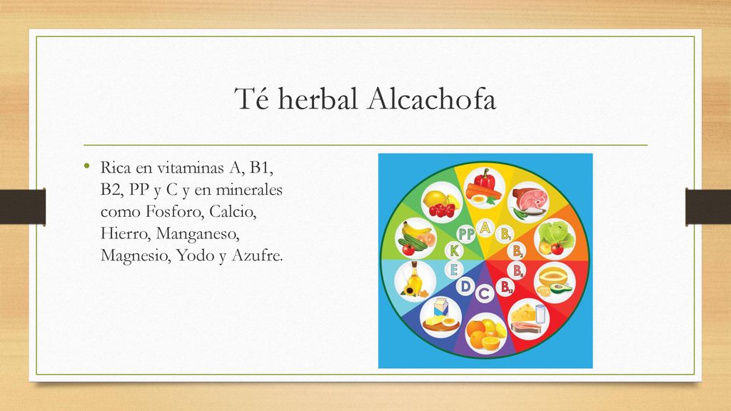 Té herbal Alcachofa Rica en vitaminas A, B1, B2, PP y C y en minerales como Fosforo, Calcio, Hierro, Manganeso, Magnesio, Yodo y Azufre.