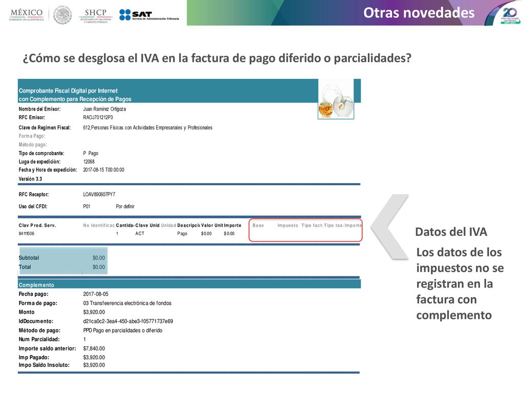 Otras novedades ¿Cómo se desglosa el IVA en la factura de pago diferido o parcialidades