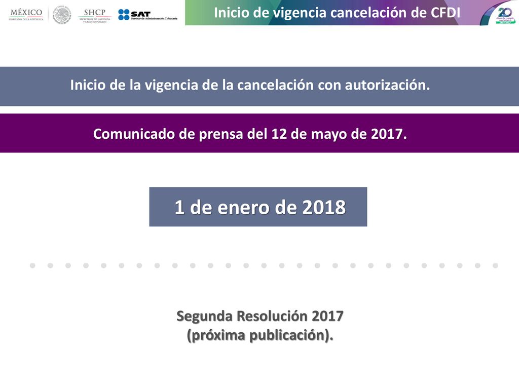 1 de enero de 2018 Inicio de vigencia cancelación de CFDI