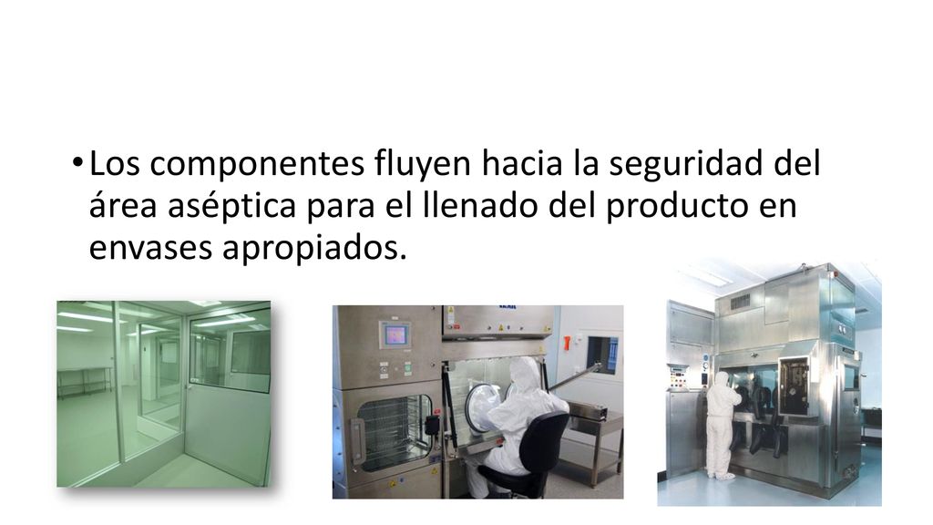 Los componentes fluyen hacia la seguridad del área aséptica para el llenado del producto en envases apropiados.