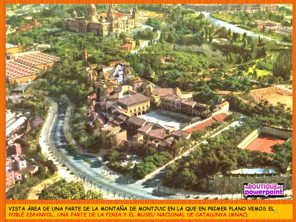 VISTA ÁREA DE UNA PARTE DE LA MONTAÑA DE MONTJUïC EN LA QUE EN PRIMER PLANO VEMOS EL POBLÉ ESPANYOL, UNA PARTE DE LA FERIA Y EL MUSEU NACIONAL DE CATALUNYA (MNAC)