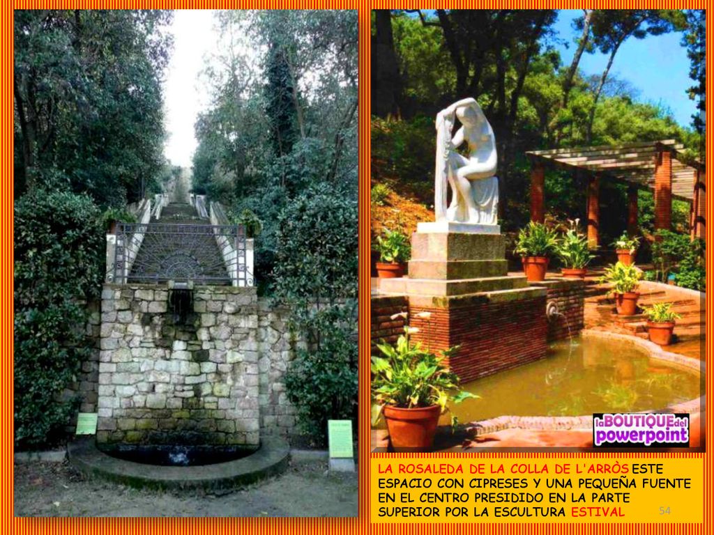 LA ROSALEDA DE LA COLLA DE L ARRÒS ESTE ESPACIO CON CIPRESES Y UNA PEQUEÑA FUENTE EN EL CENTRO PRESIDIDO EN LA PARTE SUPERIOR POR LA ESCULTURA ESTIVAL
