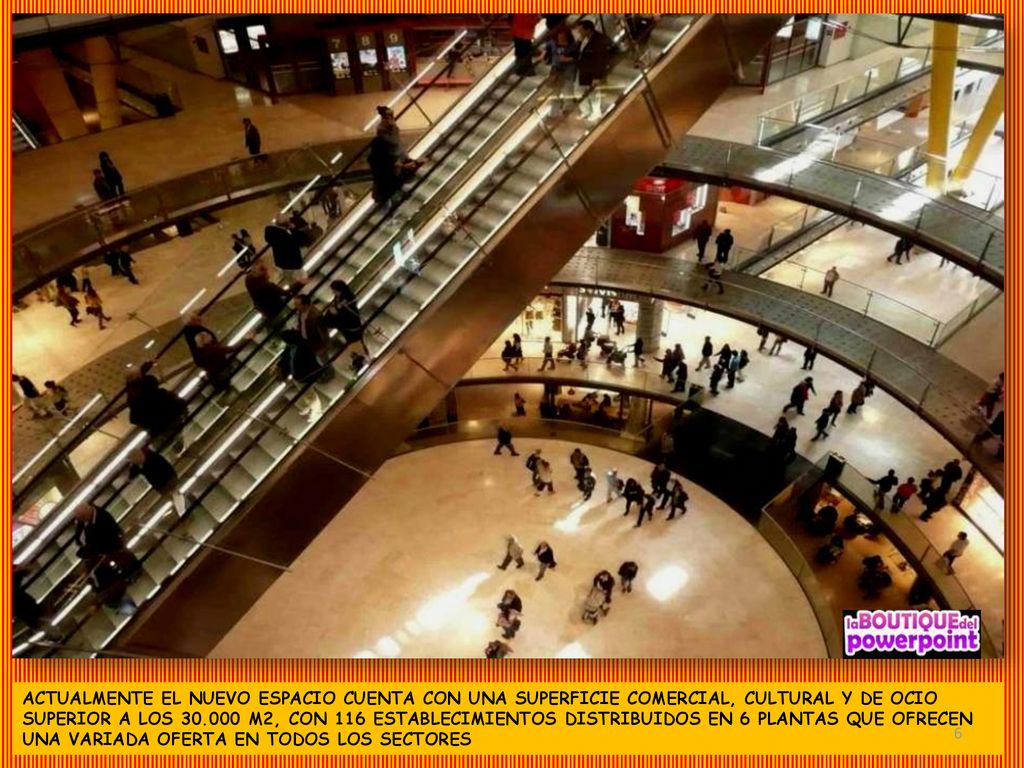 ACTUALMENTE EL NUEVO ESPACIO CUENTA CON UNA SUPERFICIE COMERCIAL, CULTURAL Y DE OCIO SUPERIOR A LOS M2, CON 116 ESTABLECIMIENTOS DISTRIBUIDOS EN 6 PLANTAS QUE OFRECEN UNA VARIADA OFERTA EN TODOS LOS SECTORES