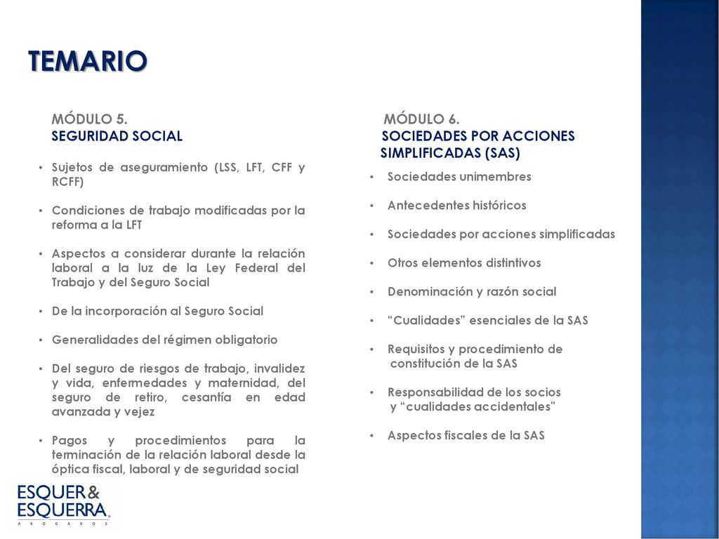 TEMARIO MÓDULO 5. MÓDULO 6. SEGURIDAD SOCIAL SOCIEDADES POR ACCIONES