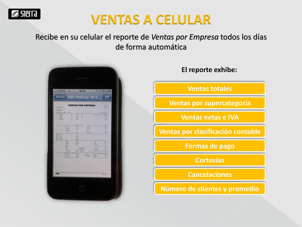VENTAS A CELULAR Recibe en su celular el reporte de Ventas por Empresa todos los días. de forma automática.