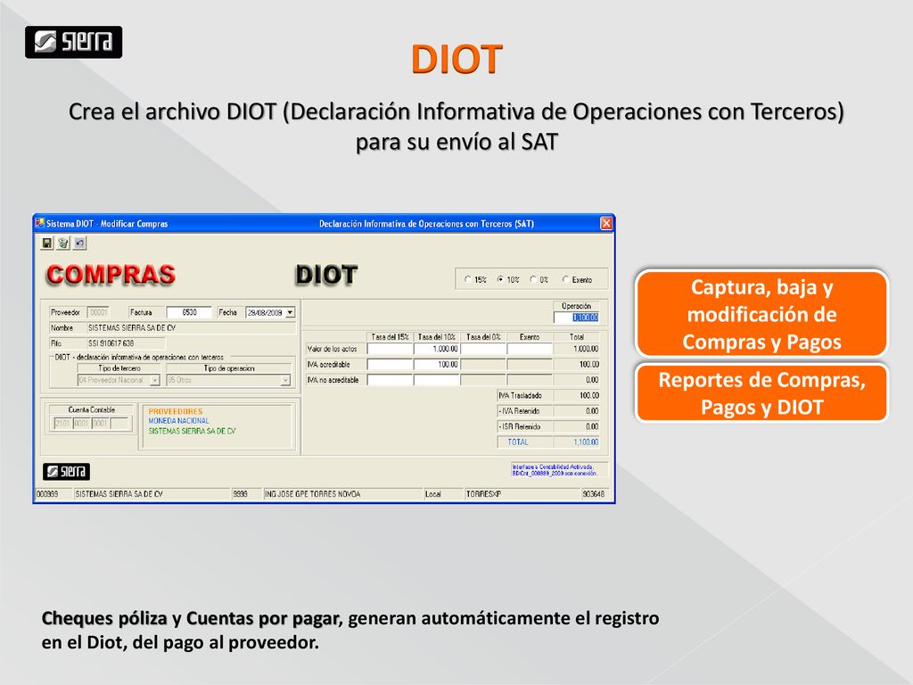 DIOT Crea el archivo DIOT (Declaración Informativa de Operaciones con Terceros) para su envío al SAT.