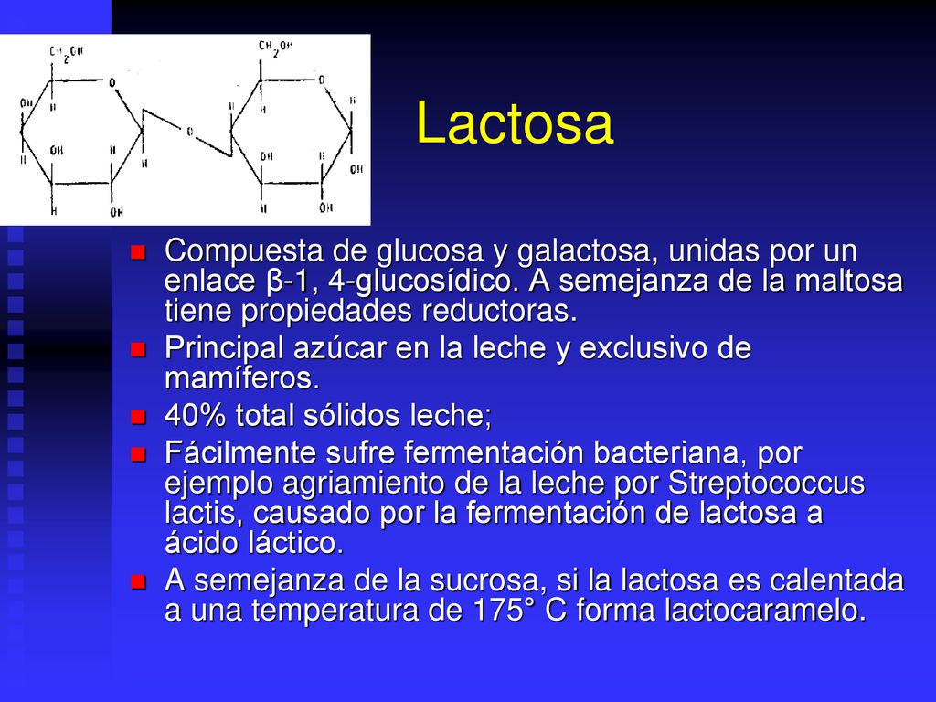 Lactosa Compuesta de glucosa y galactosa, unidas por un enlace β-1, 4-glucosídico. A semejanza de la maltosa tiene propiedades reductoras.