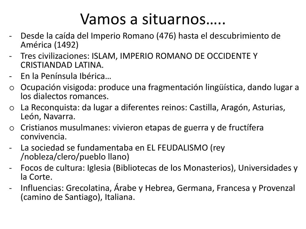 Vamos a situarnos….. Desde la caída del Imperio Romano (476) hasta el descubrimiento de América (1492)