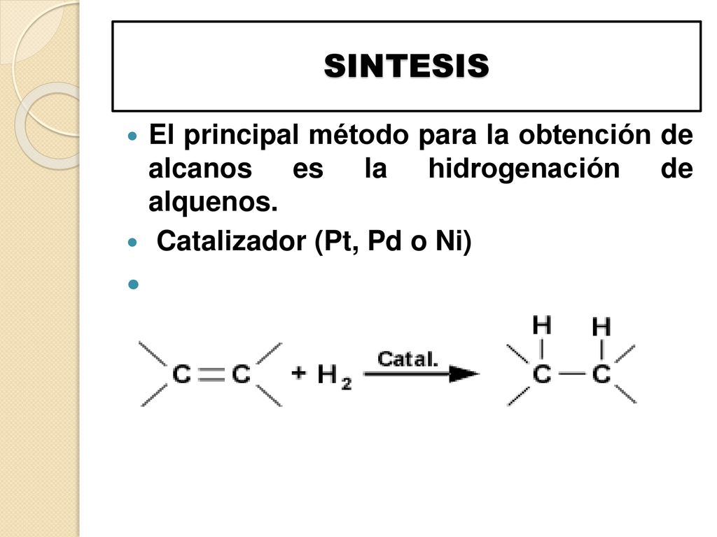 SINTESIS El principal método para la obtención de alcanos es la hidrogenación de alquenos.