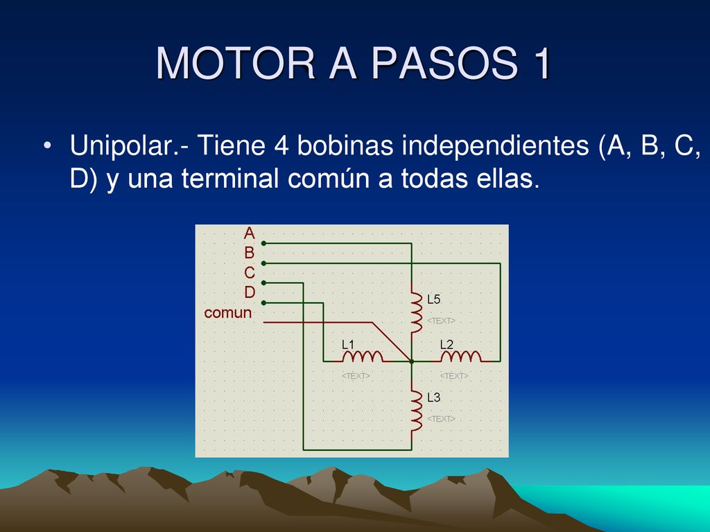 MOTOR A PASOS 1 Unipolar.- Tiene 4 bobinas independientes (A, B, C, D) y una terminal común a todas ellas.