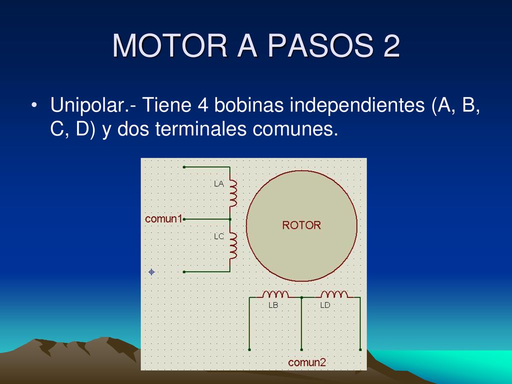 MOTOR A PASOS 2 Unipolar.- Tiene 4 bobinas independientes (A, B, C, D) y dos terminales comunes.