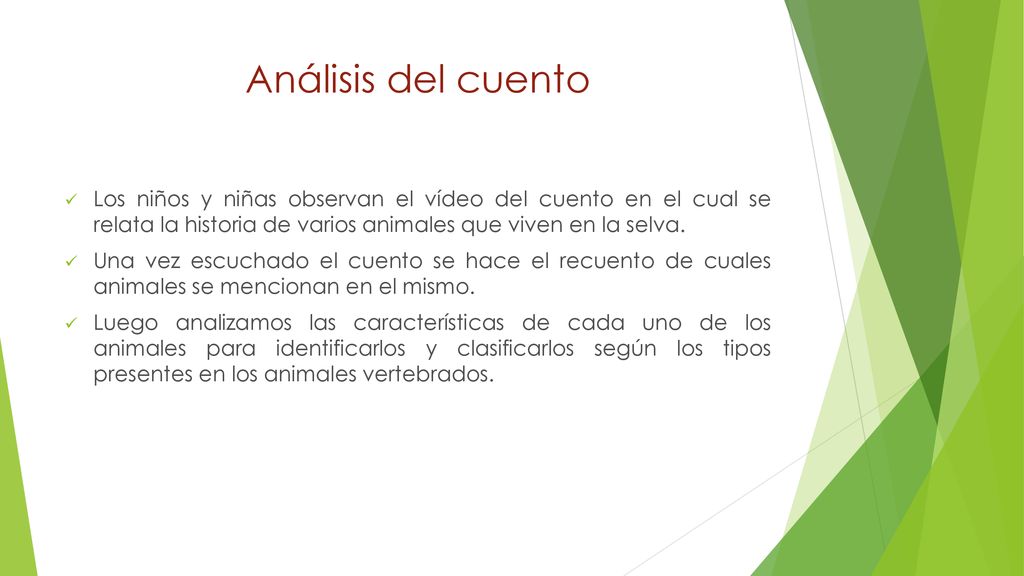 Análisis del cuento Los niños y niñas observan el vídeo del cuento en el cual se relata la historia de varios animales que viven en la selva.