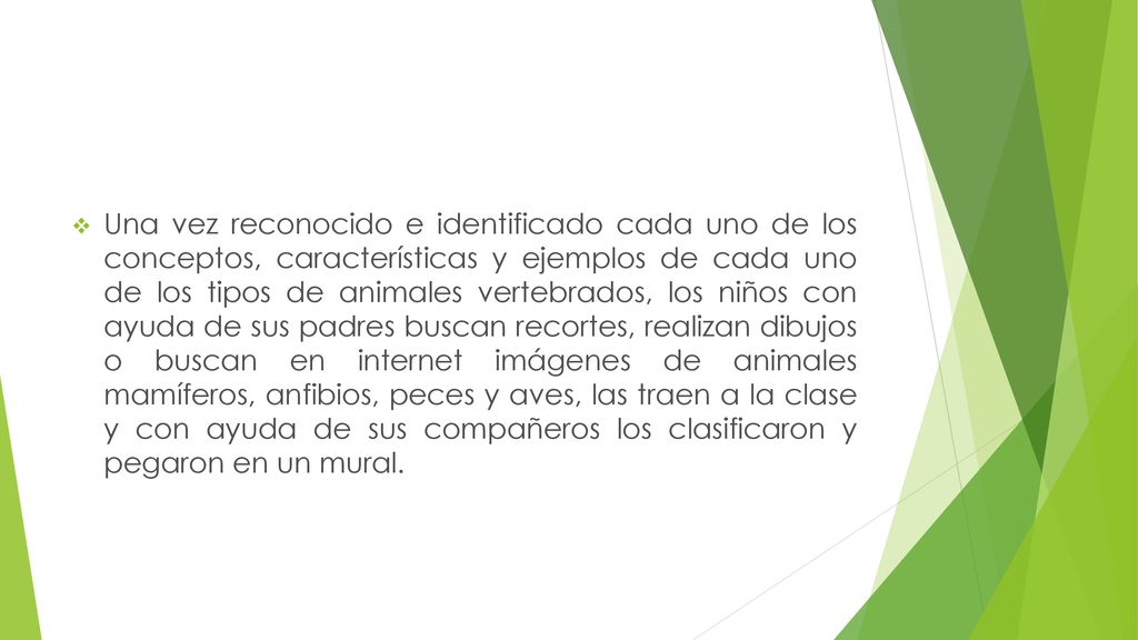 Una vez reconocido e identificado cada uno de los conceptos, características y ejemplos de cada uno de los tipos de animales vertebrados, los niños con ayuda de sus padres buscan recortes, realizan dibujos o buscan en internet imágenes de animales mamíferos, anfibios, peces y aves, las traen a la clase y con ayuda de sus compañeros los clasificaron y pegaron en un mural.