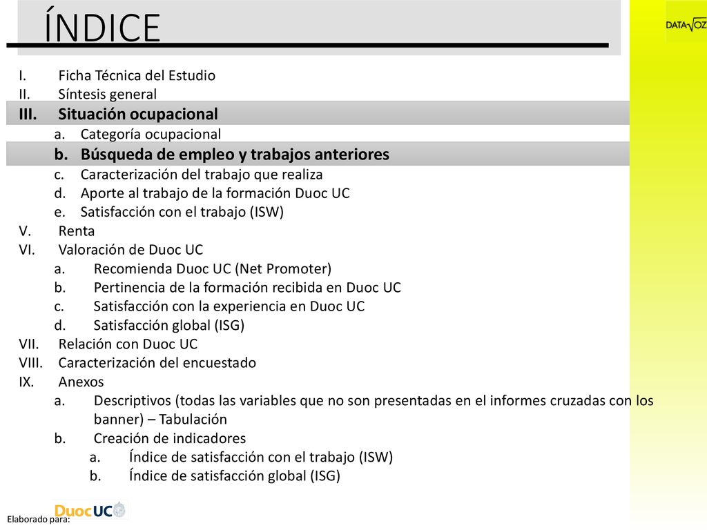 ÍNDICE Situación ocupacional Búsqueda de empleo y trabajos anteriores