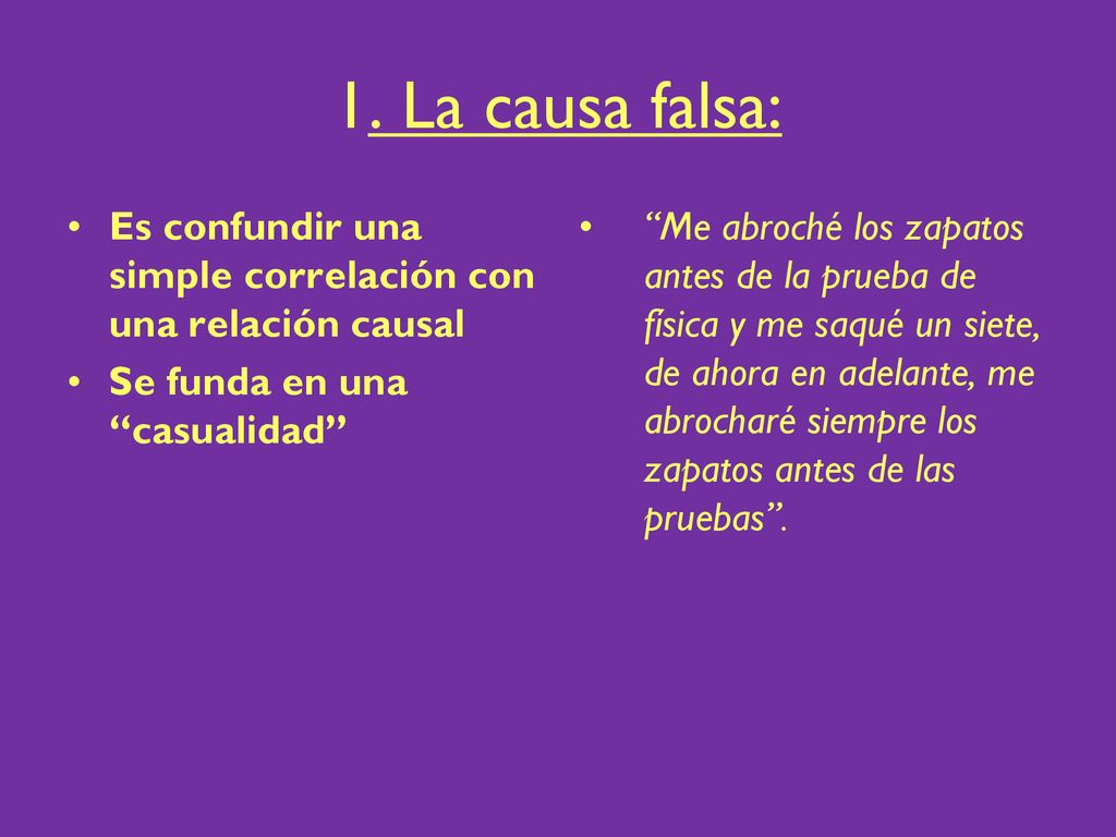 1. La causa falsa: Es confundir una simple correlación con una relación causal. Se funda en una casualidad