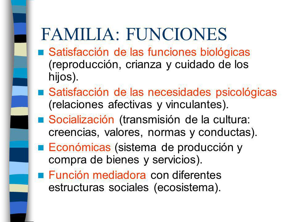 FAMILIA: FUNCIONES Satisfacción de las funciones biológicas (reproducción, crianza y cuidado de los hijos).