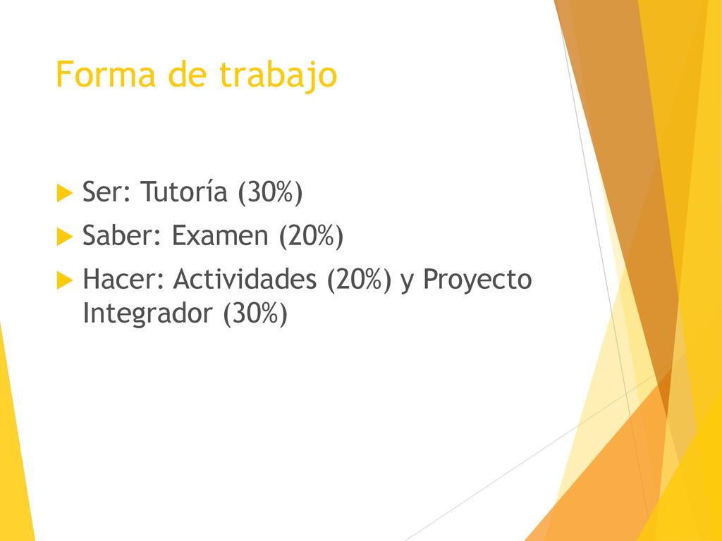 Forma de trabajo Ser: Tutoría (30%) Saber: Examen (20%)
