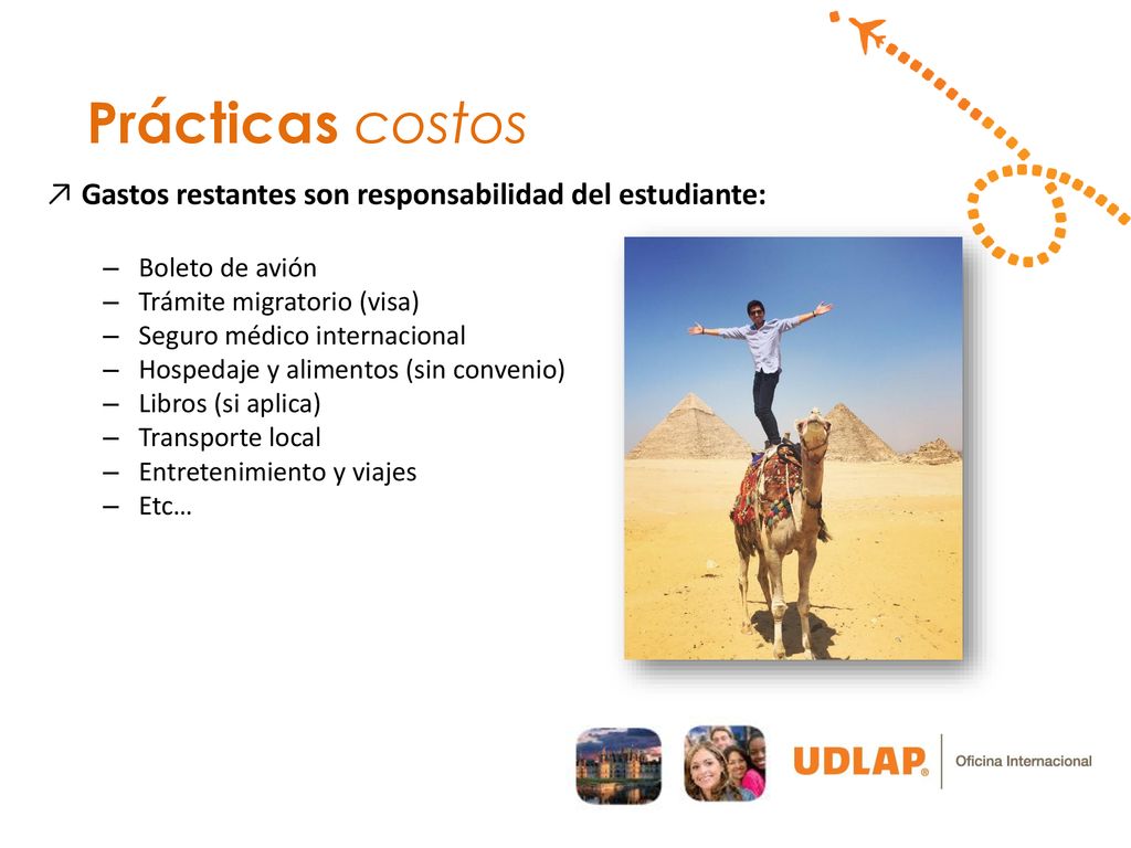Prácticas costos ↗ Gastos restantes son responsabilidad del estudiante: Boleto de avión. Trámite migratorio (visa)