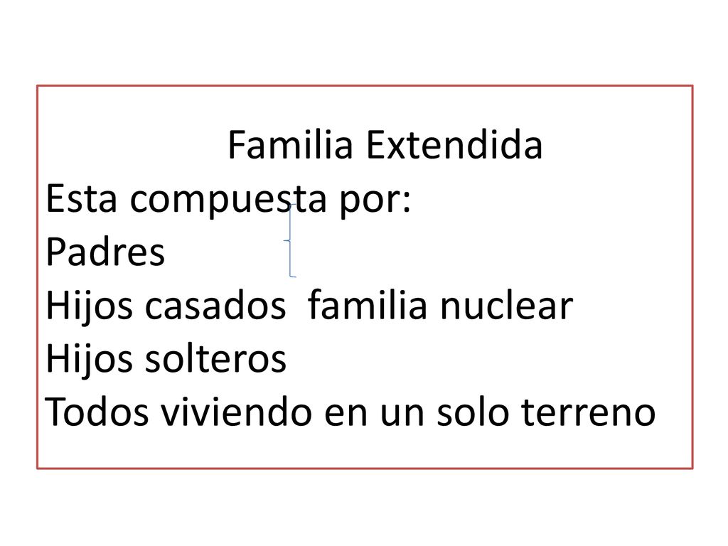 Familia Extendida Esta compuesta por: Padres Hijos casados familia nuclear Hijos solteros Todos viviendo en un solo terreno
