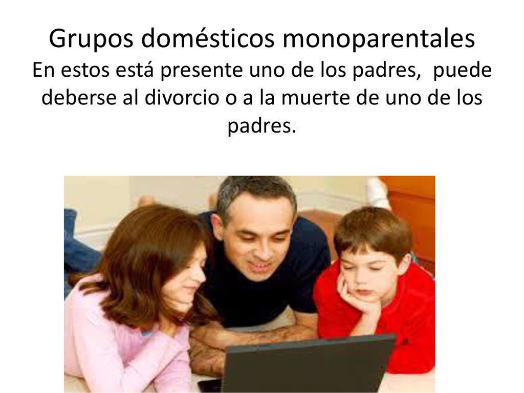Grupos domésticos monoparentales En estos está presente uno de los padres, puede deberse al divorcio o a la muerte de uno de los padres.