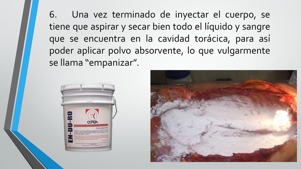 6. Una vez terminado de inyectar el cuerpo, se tiene que aspirar y secar bien todo el líquido y sangre que se encuentra en la cavidad torácica, para así poder aplicar polvo absorvente, lo que vulgarmente se llama empanizar .