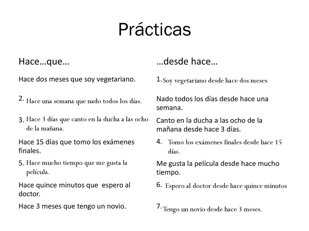 Prácticas Hace…que… …desde hace… Hace dos meses que soy vegetariano.