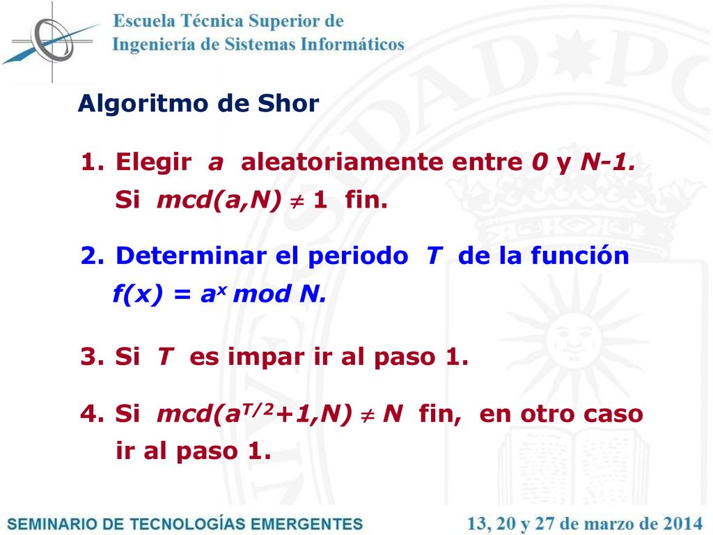 Algoritmo de Shor Elegir a aleatoriamente entre 0 y N-1. Si mcd(a,N)  1 fin. Determinar el periodo T de la función.