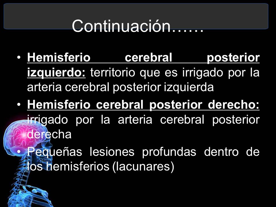 Continuación…… Hemisferio cerebral posterior izquierdo: territorio que es irrigado por la arteria cerebral posterior izquierda.