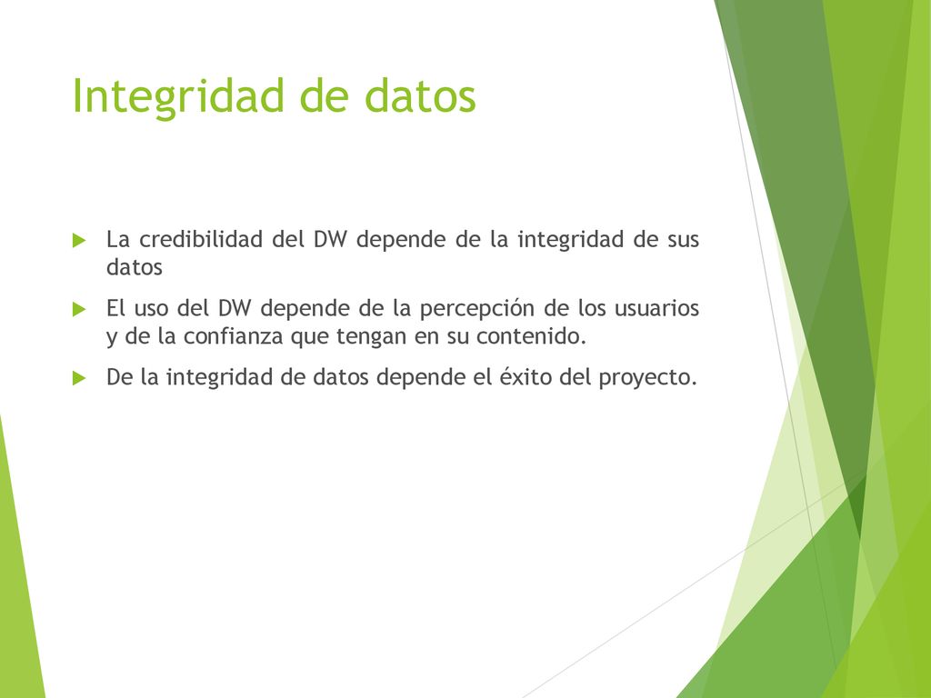 Integridad de datos La credibilidad del DW depende de la integridad de sus datos.