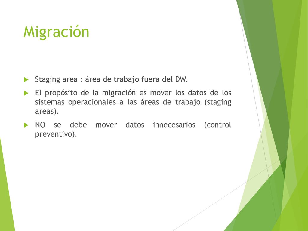Migración Staging area : área de trabajo fuera del DW.