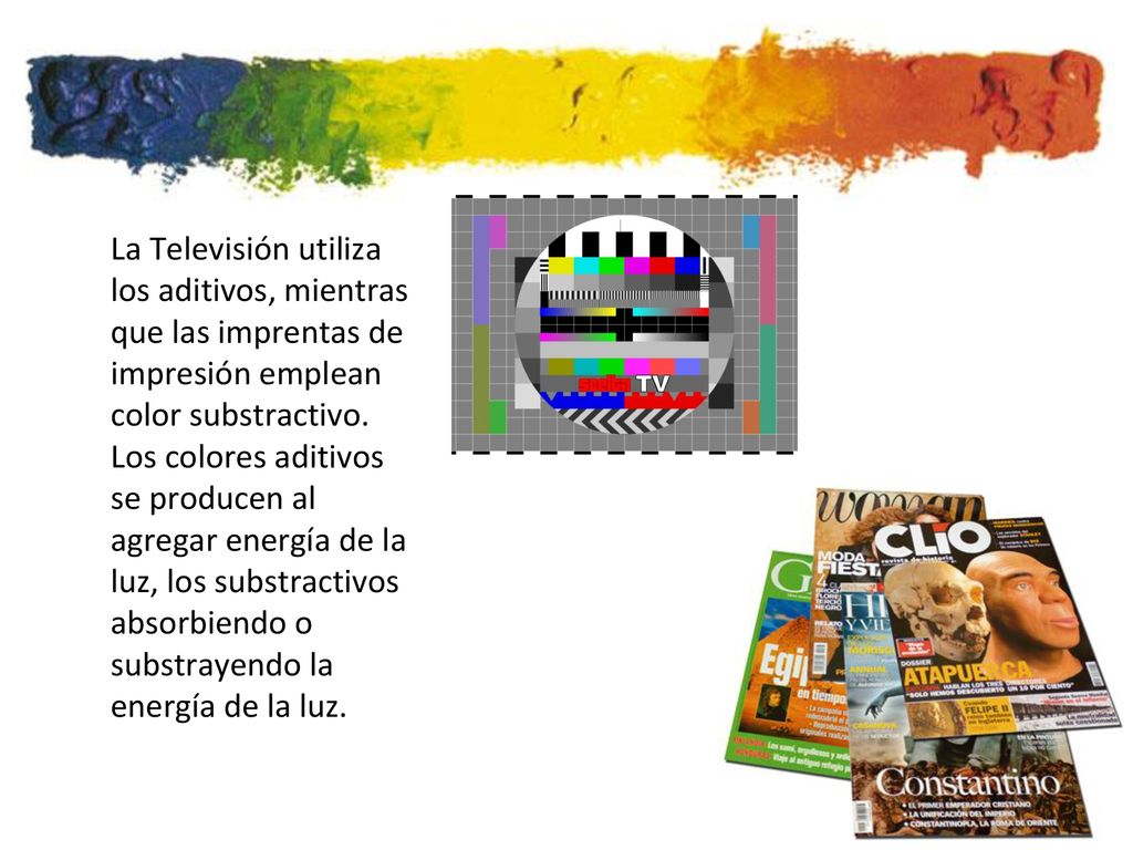 La Televisión utiliza los aditivos, mientras que las imprentas de impresión emplean color substractivo.