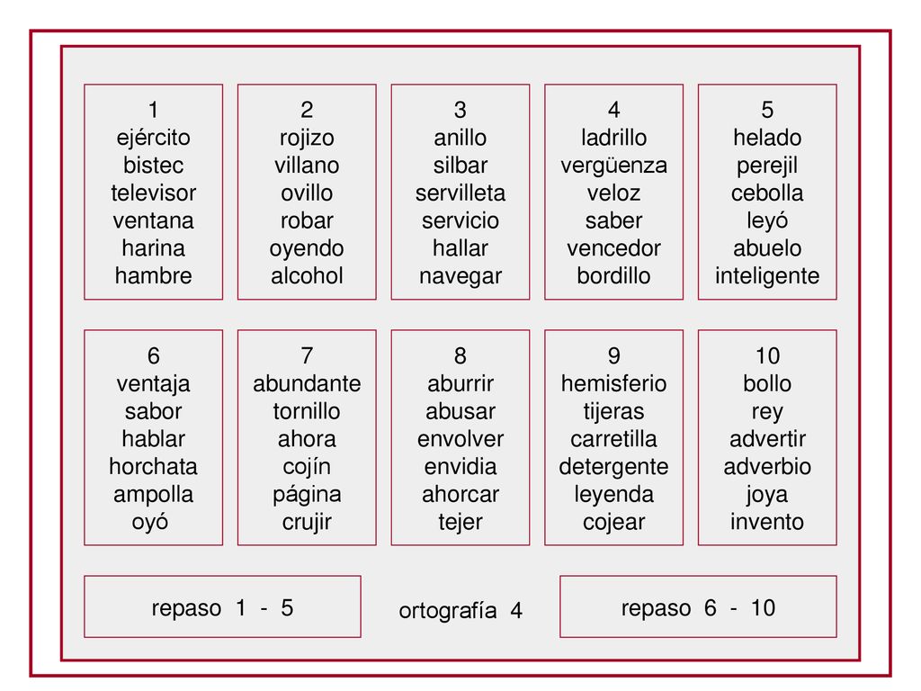 1 ejército. bistec. televisor. ventana. harina. hambre. 2. rojizo. villano. ovillo. robar.